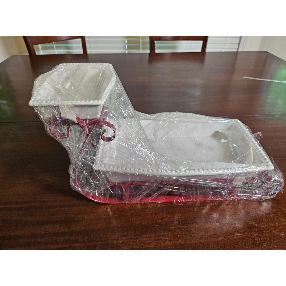 Mud Pie Sleigh Serving Set White Red Beaded Ceramic Metal Christmas